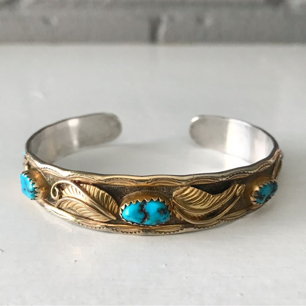 Vintage Turquoise 12k Gold Fill Sterling Stacker Cuff Rare Southwestern Bracelet